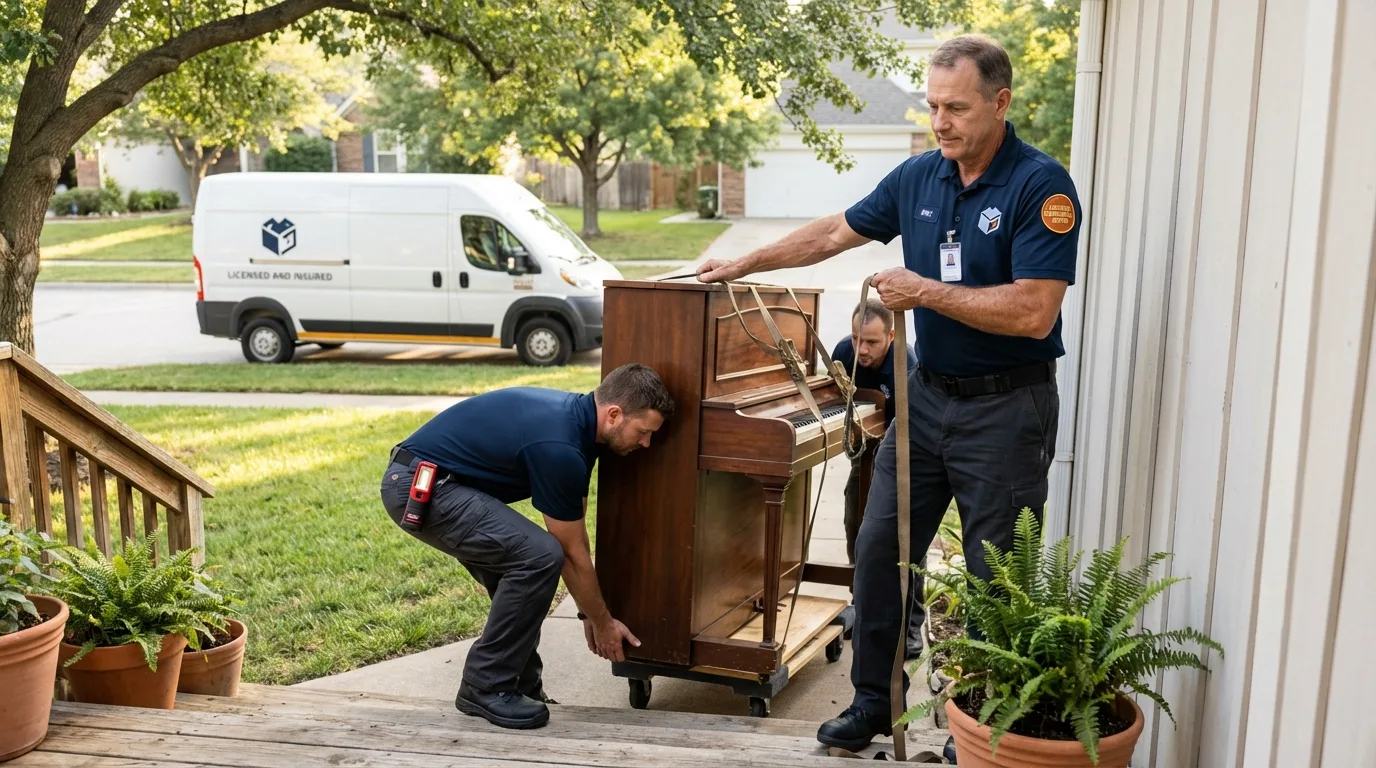 Licensed piano movers securing grand piano in Alpaugh, CA